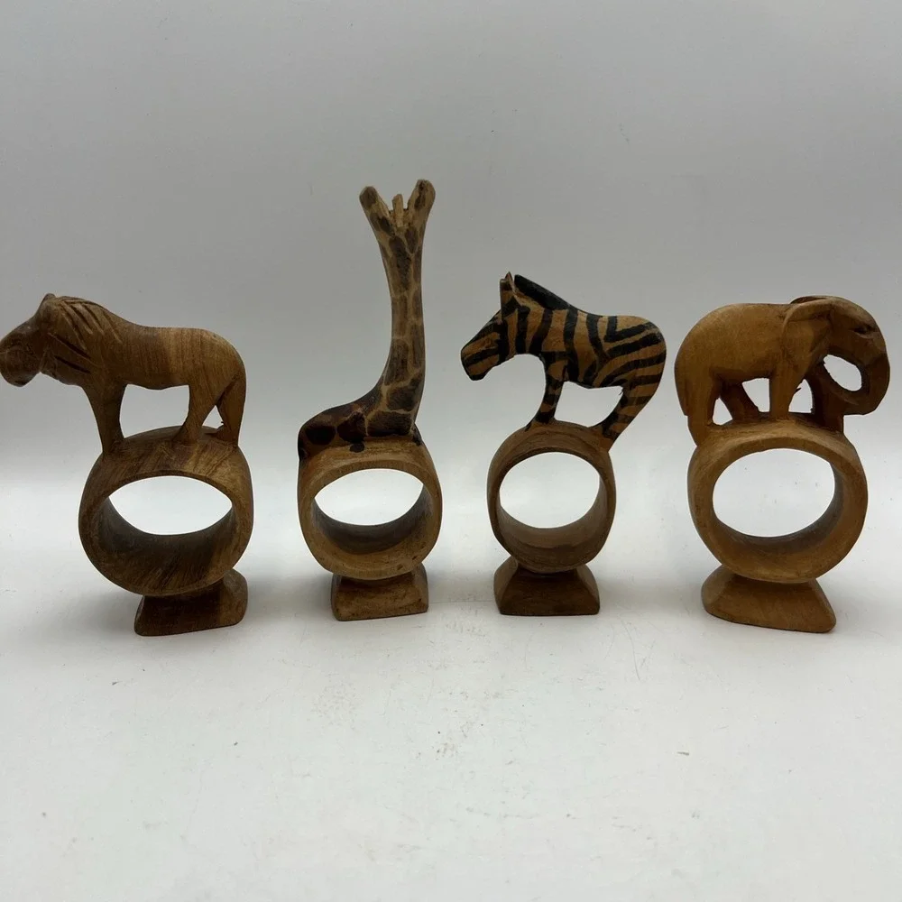 Set of 4 Vintage Hand Carved African Safari Animal Wooden Napkin Rings Footed